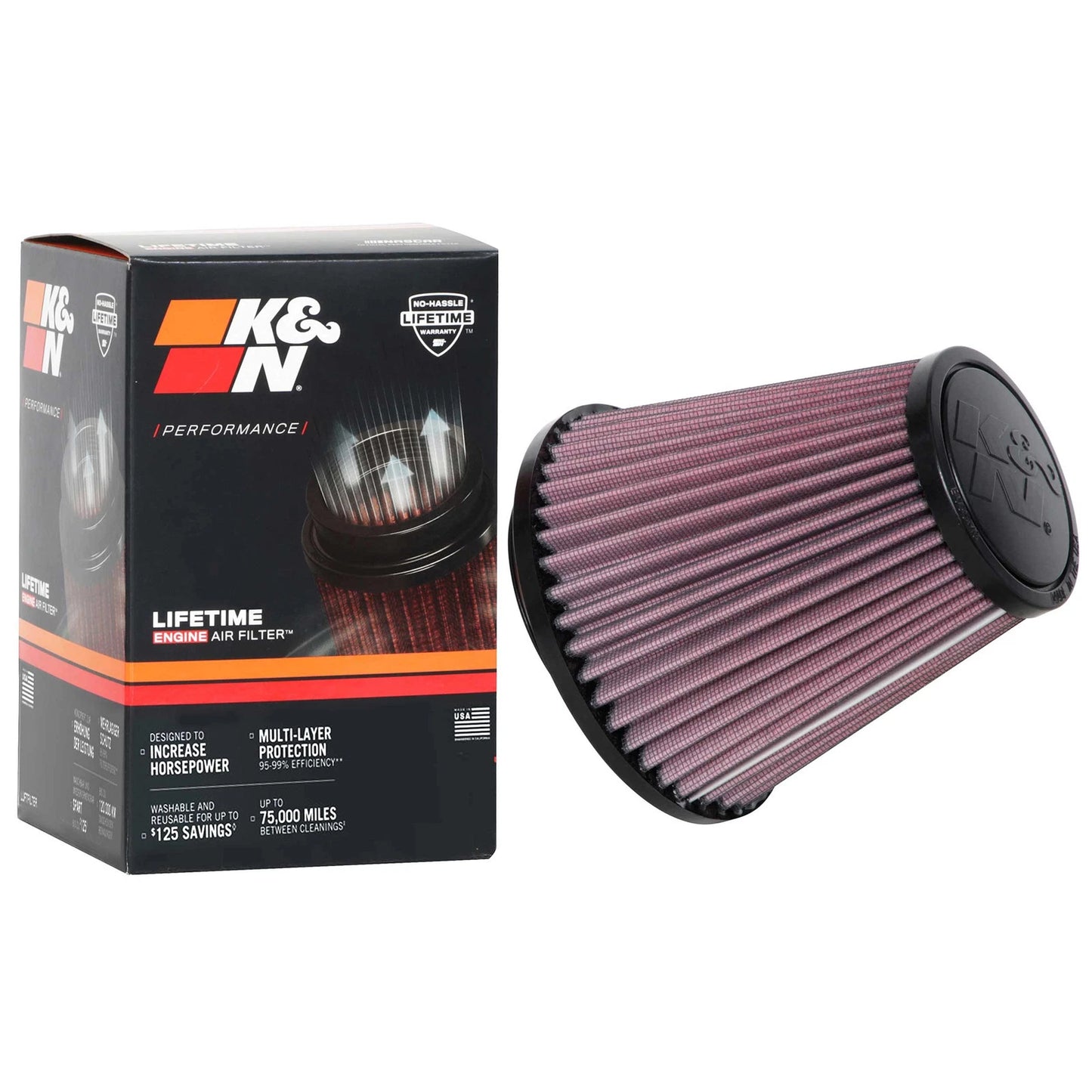 K&N RU-1637 Universal Round Tapered Performance Washable Air Filter for Intake