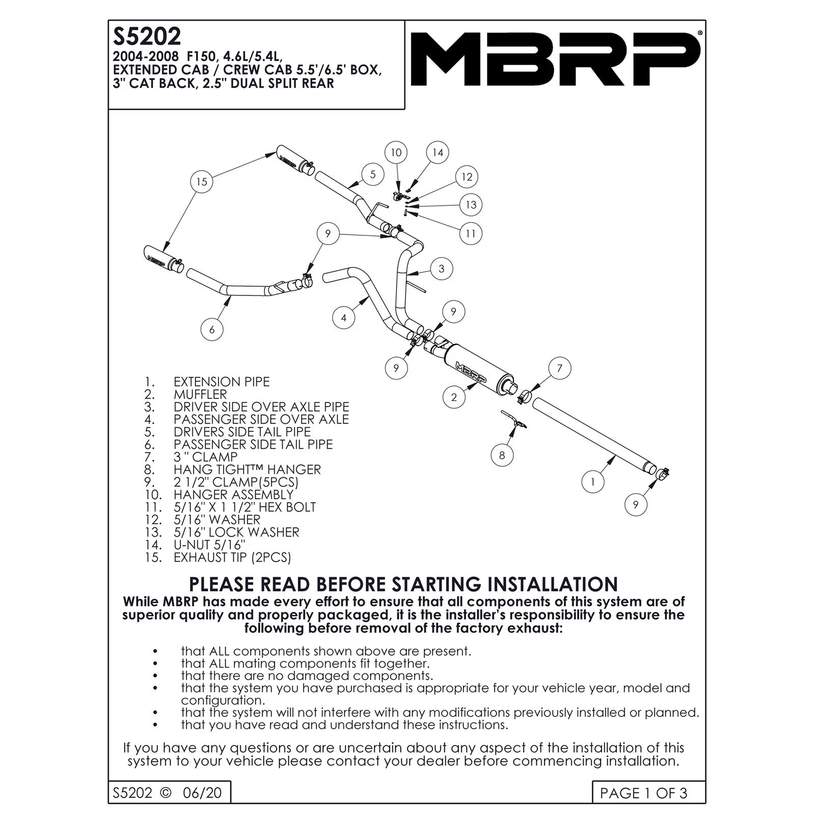 MBRP 3in. Cat-Back Dual Split Rear Exit Exhaust | Ford F150 (04-08) 4.6L/5.4L EC/CC-SB (S5202409)