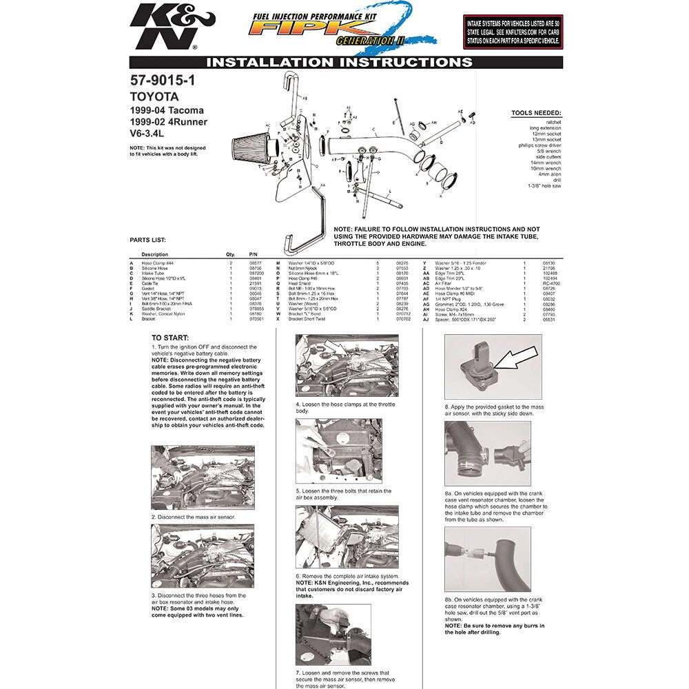 K&N 99-04 Toyota Performance Air Intake Kit | Tacoma / 4Runner V6 3.4L (99-04) (57-9015-1)