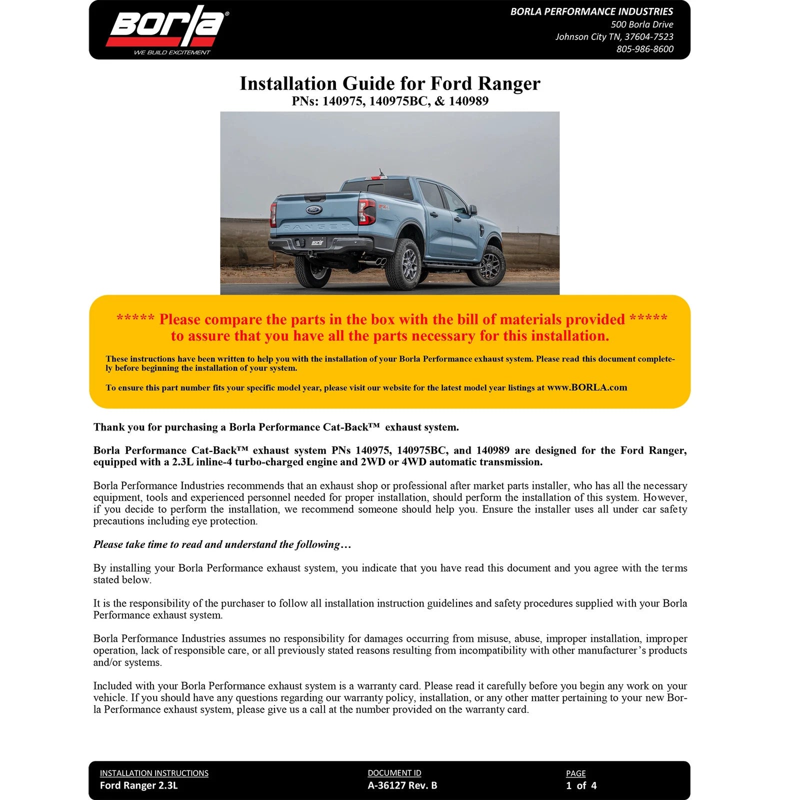 Borla S Type Catback System | Ford Ranger (24+)
