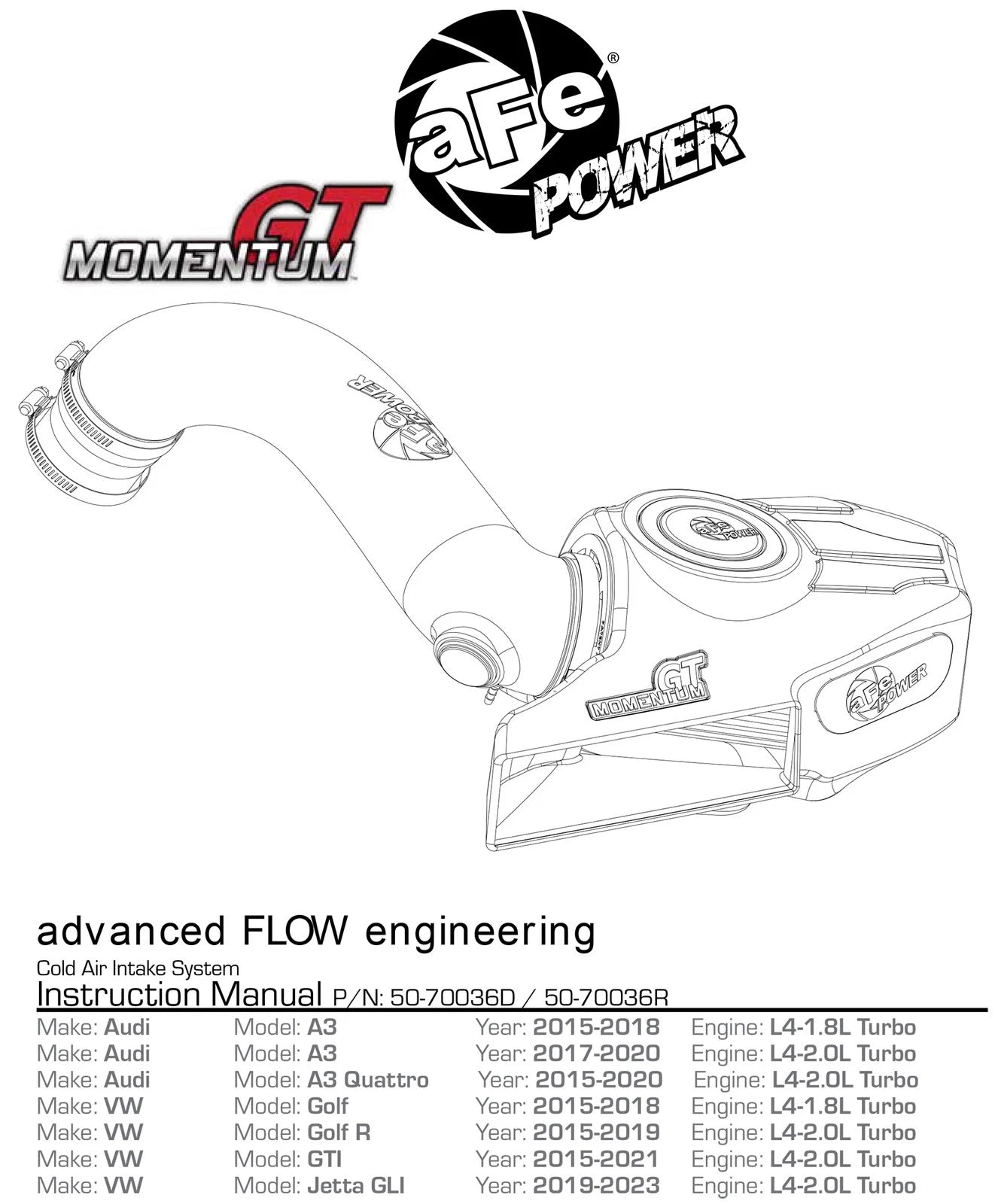 aFe Momentum GT Pro 5R Cold Air Intake | VW Golf R I4-2.0L (15-18) (50-70036R)
