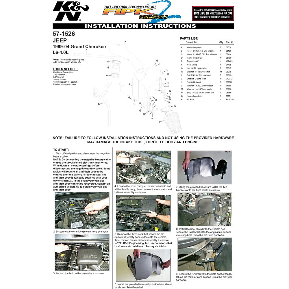 K&N Engineering Performance Intake Kit: Jeep Grand Cherokee L6-4.0L 1999 - 2004