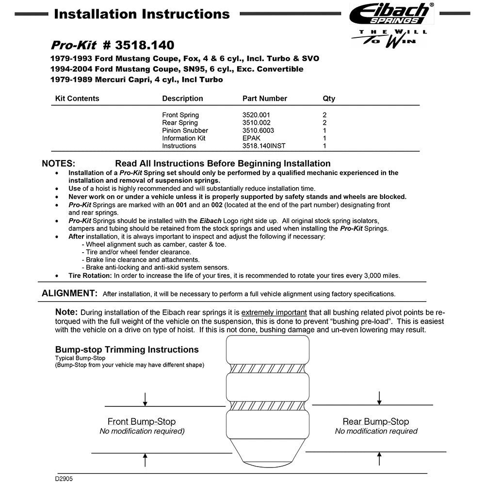 Eibach Pro-Kit for 79-93 Ford Mustang Coupe 4 & 6 cyl (Inc. Turbo & SVO) / 94-04 Mustang Coupe 6 cyl