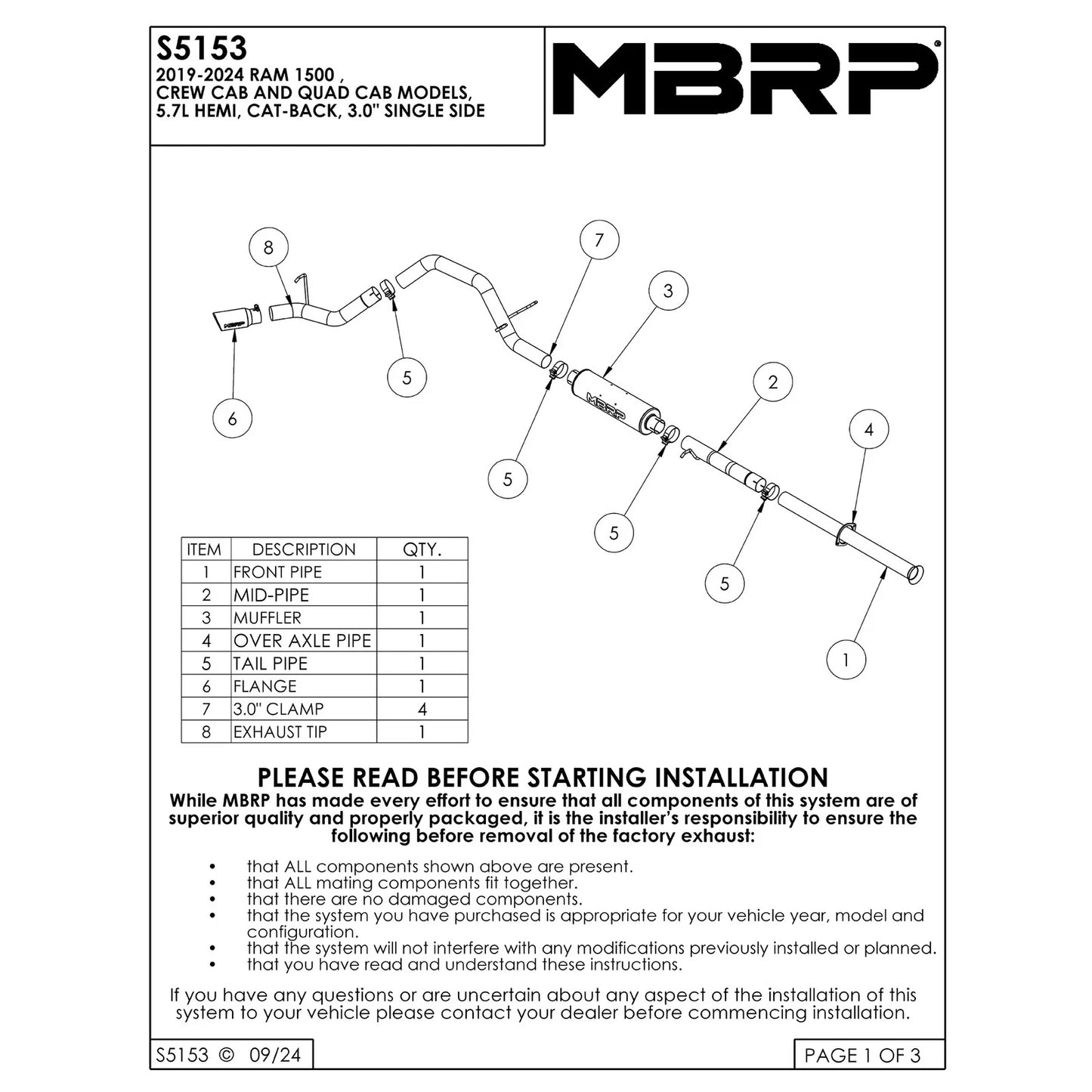 MBRP 3in. Single Side Catback Exhaust | Dodge RAM 1500 Crew Cab / Quad Cab (19-21) (S5153AL)