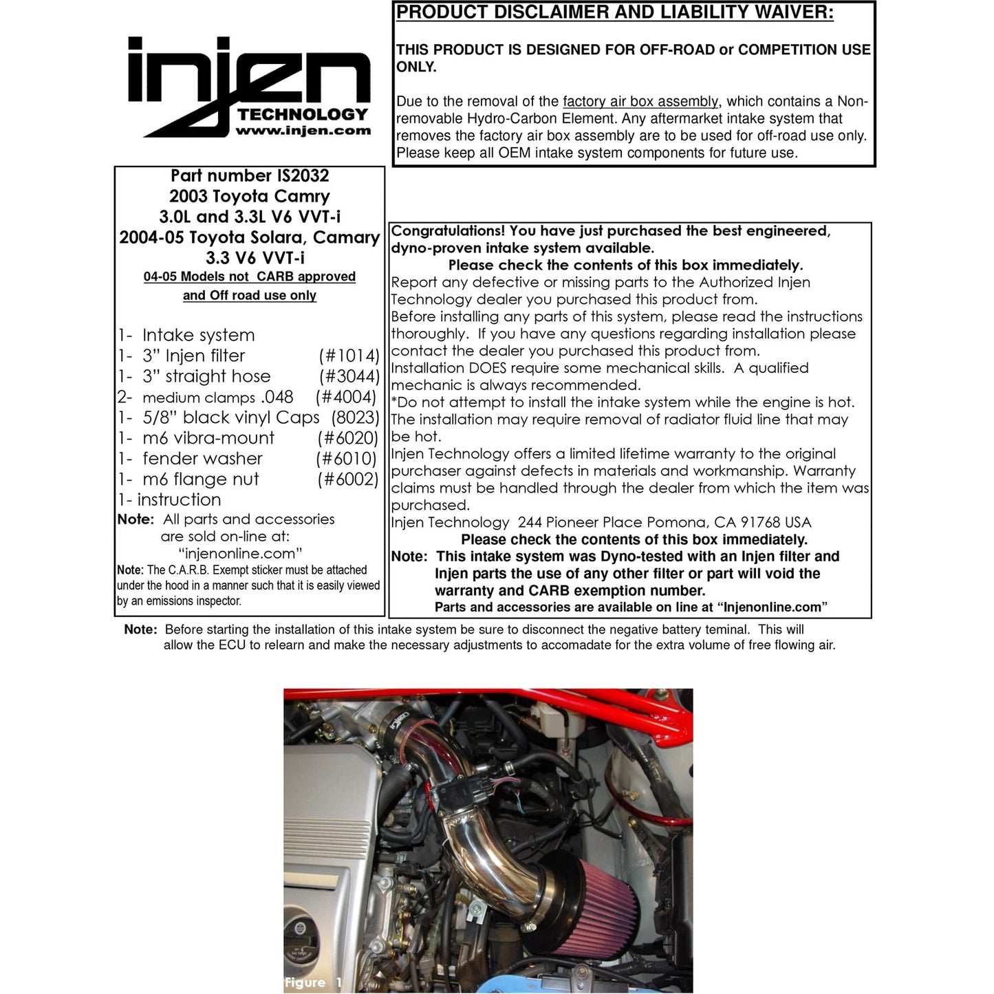 Injen Polished Short Ram Cold Air Intake System | Toyota Camry V6 / Solara V6 (03-05) (IS2032P)