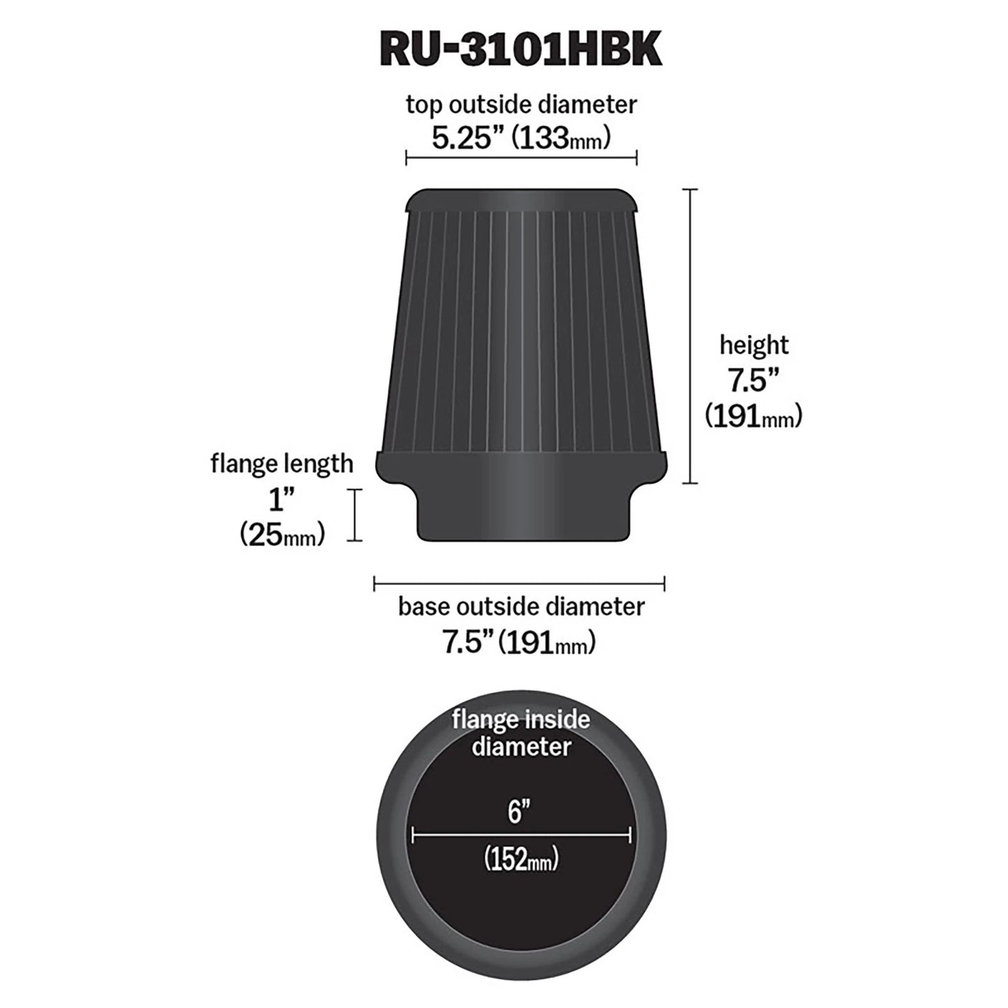K&N RU-3101HBK Universal Round Tapered High Flow Washable Air Filter for Intake
