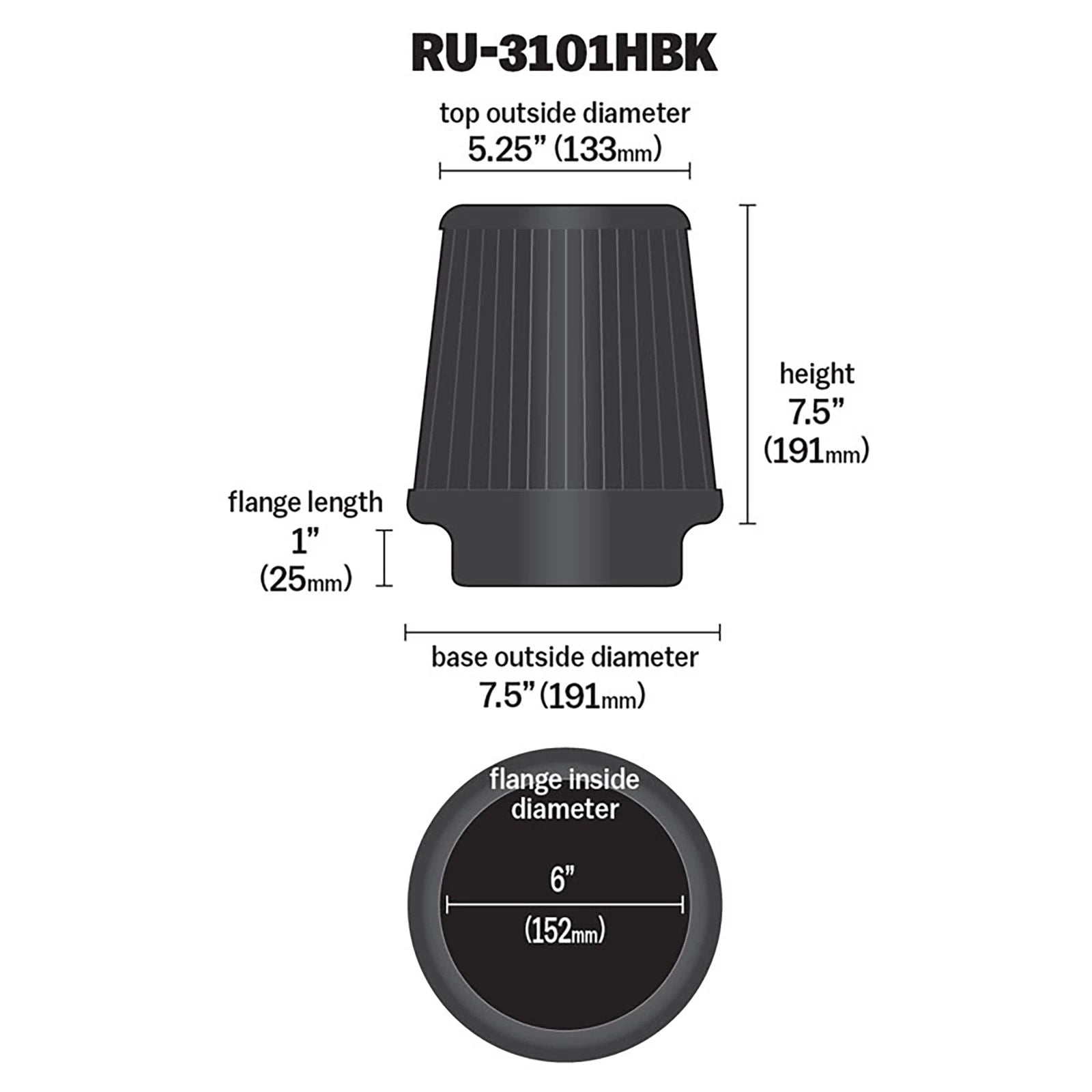 K&N RU-3101HBK Universal Round Tapered High Flow Washable Air Filter for Intake