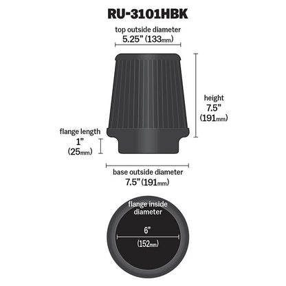 K&N RU-3101HBK Universal Round Tapered High Flow Washable Air Filter for Intake