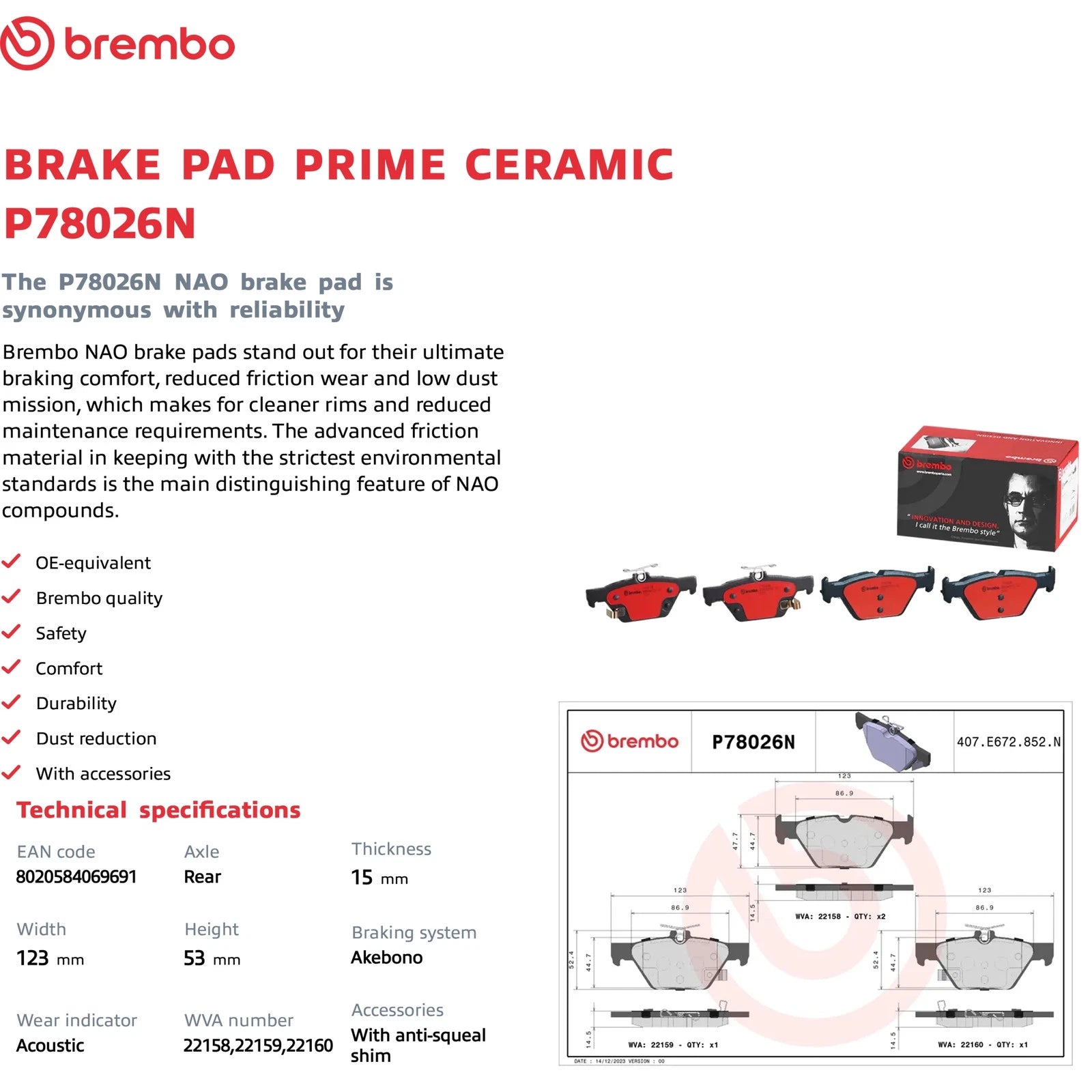 Brembo Premium OE Ceramic Rear Brake Pads | Subaru WRX (16-20) / Legacy/Outback/2019 Crosstrek (15-19) (P78026N)