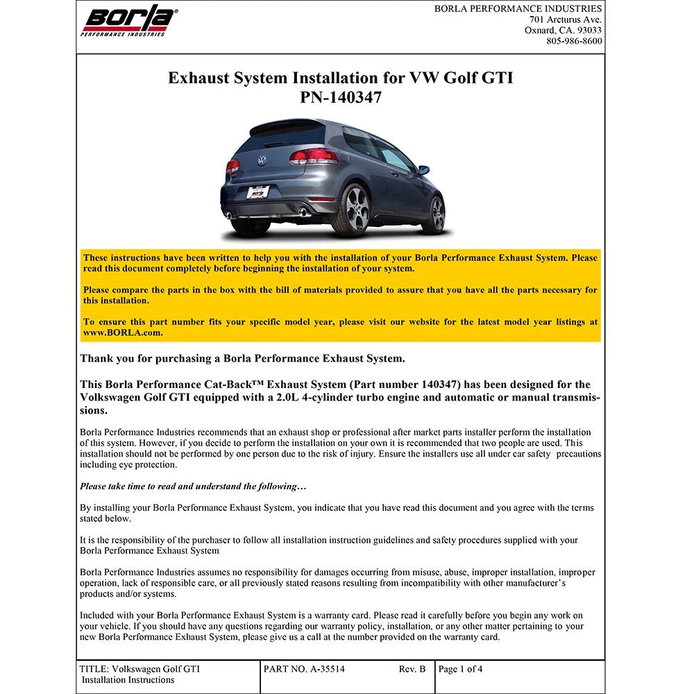 Borla Catback Exhaust | 2010-2014 VW Golf GTI MK6 (140347)