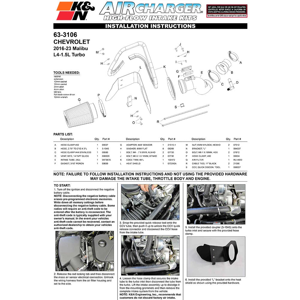K&N 16-18 Chevrolet Malibu 1.5L Turbo Performance Intake | Chevrolet Malibu (16-18) (63-3106)