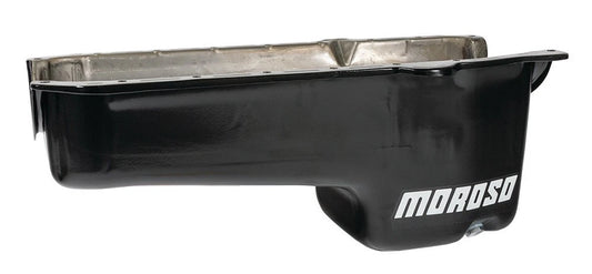 Moroso 1986+ Chevrolet SBC (w/Passenger Side Dipstick) Wet Sump 6qt 8.25in Steel Oil Pan - Black