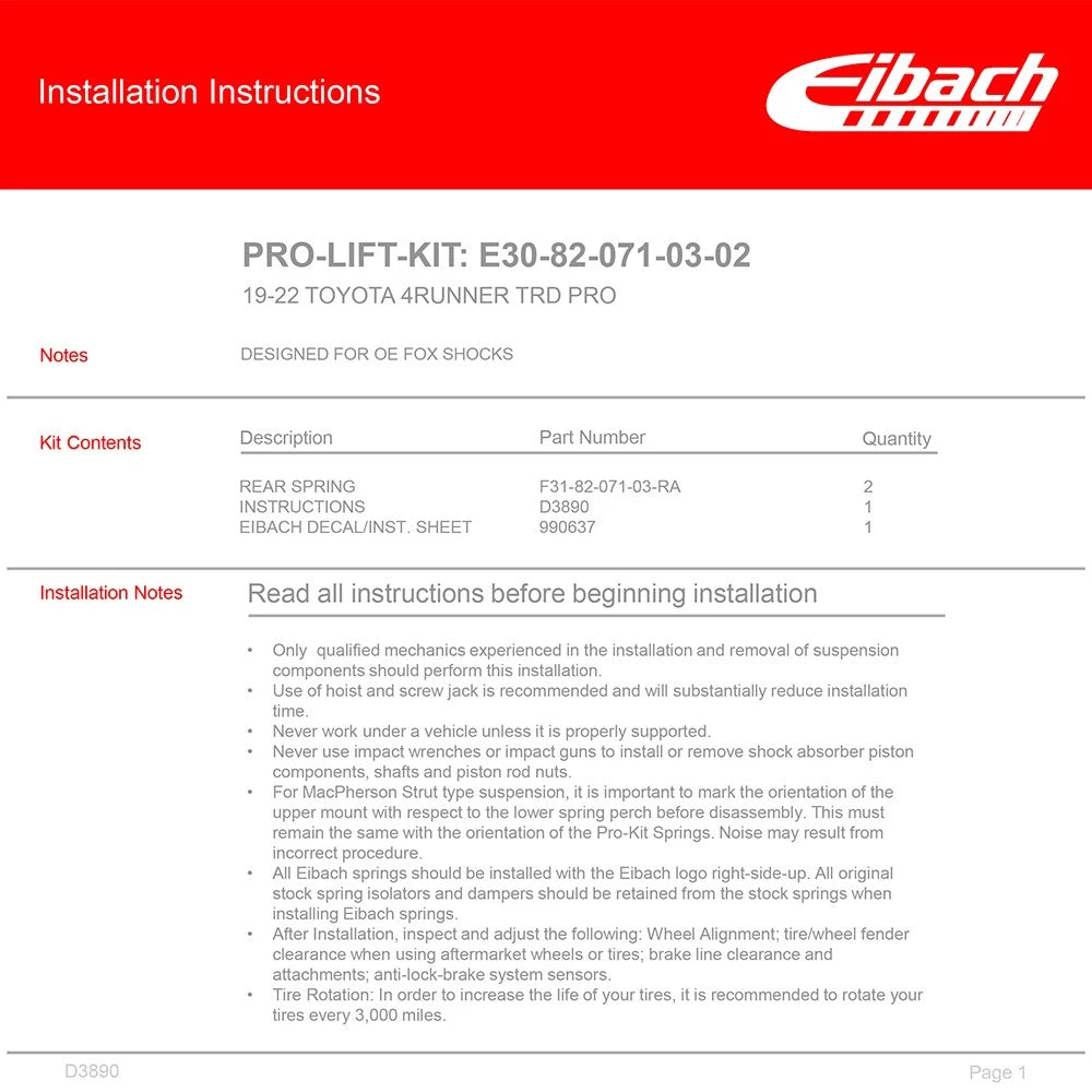 Eibach Pro-Lift Rear Suspension Lift Kit for 2019-2022 Toyota 4Runner