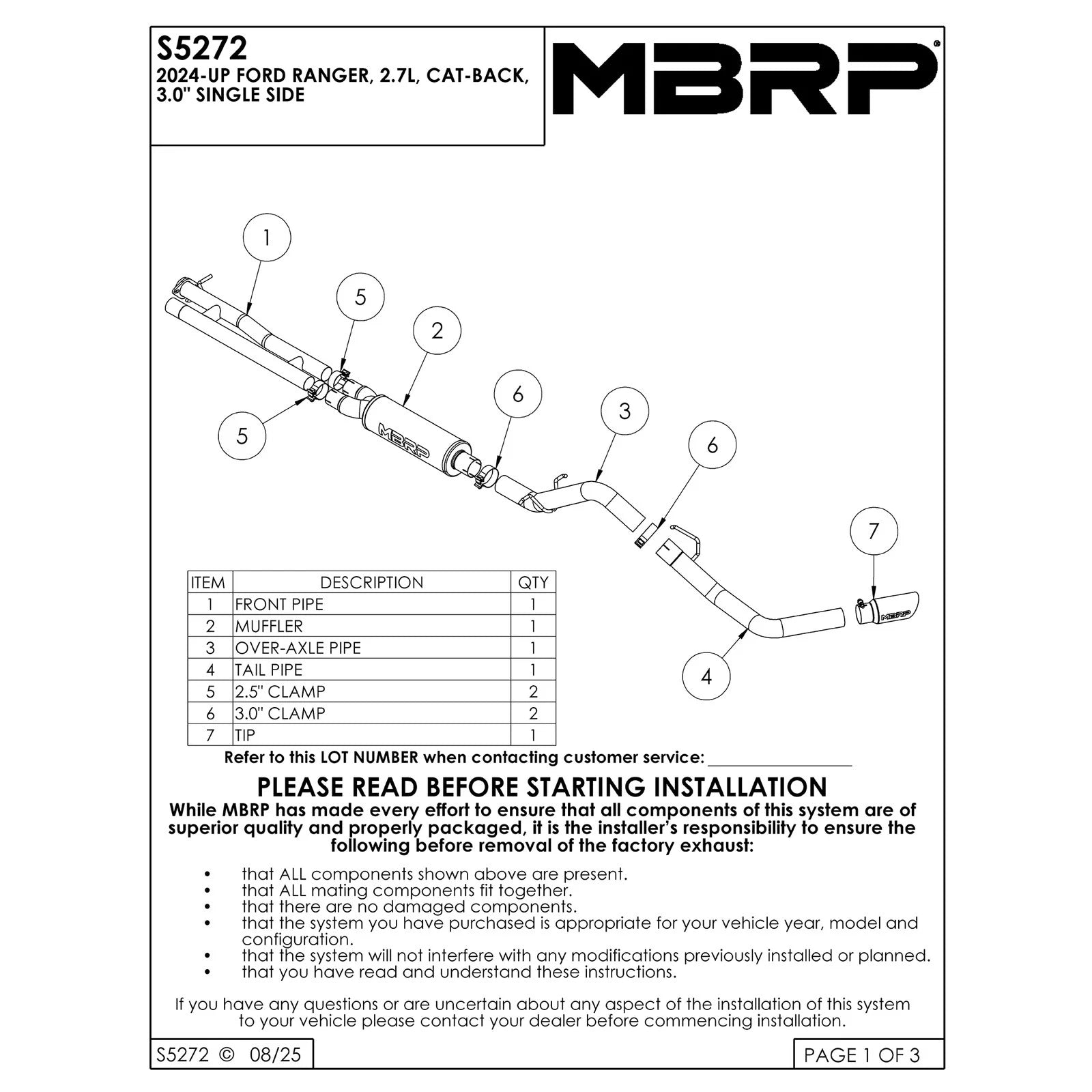 MBRP 2.7L 2.5 into 3in Single Side Exit Cat Back Aluminum | Ford Ranger (24+)