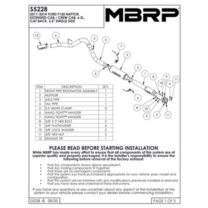 MBRP 3.5in Aluminum Cat-Back D&S Exhaust | Ford F150 SVT Raptor (11-13) (S5228AL)