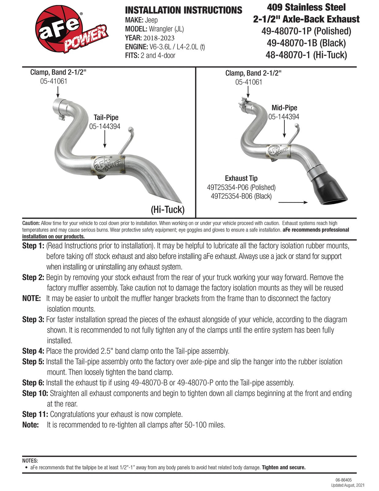 aFe MACH Force-Xp 409 SS Axle-Back Exhaust Jeep Wrangler L4-2.0T/V6-3.6L (18-20) (49-48070-1P)