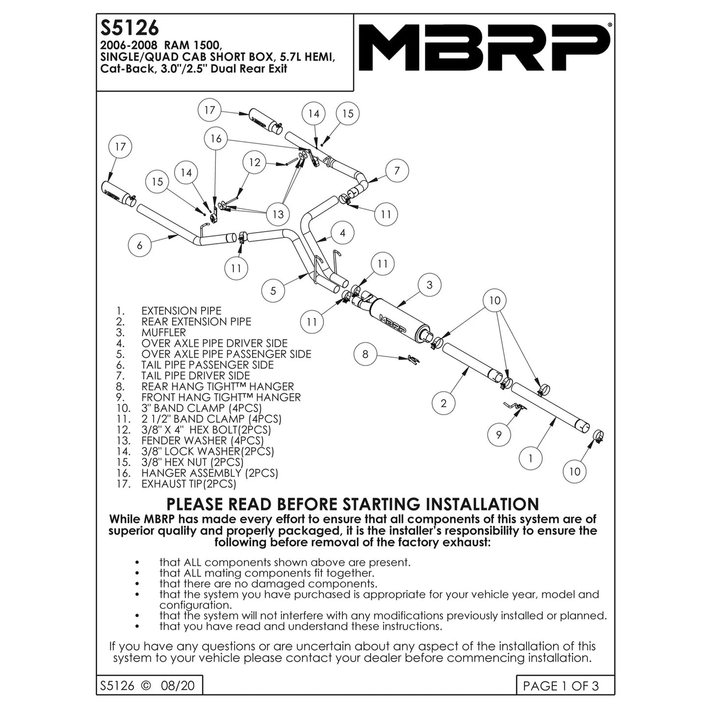 MBRP 3in. D&S Cat-Back Dual Split Rear Exit AL Ram 1500 06-08 (S5126AL)