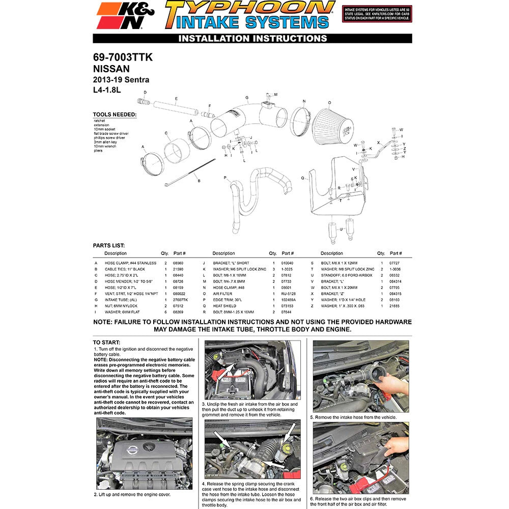 K&N 13-14 Nissan Sentra 1.8L L4 Typhoon Short Ram Intake | Nissan Sentra (13-14) (69-7003TTK)