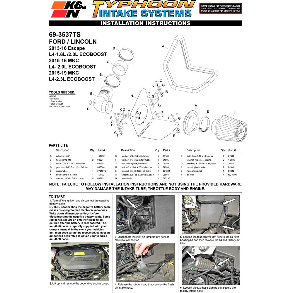 K&N Typhoon Cold Air Intake | Ford Escape 2.0L/1.6L L4 (69-3537TS)