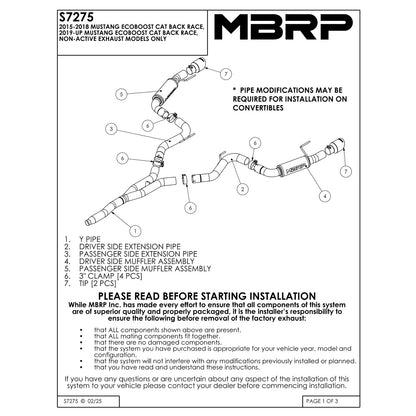MBRP 3" Race D&S Cat-Back Exhaust w/ CF Tips | Ford Mustang EcoBoost (S72753CF)