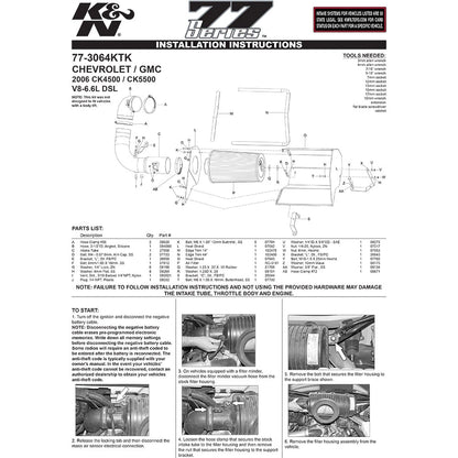 K&N Performance Intake Kit PERF. INTAKE KIT; CHEVROLET/GMC TOPKICK, V8-6.6 DSL, 2006