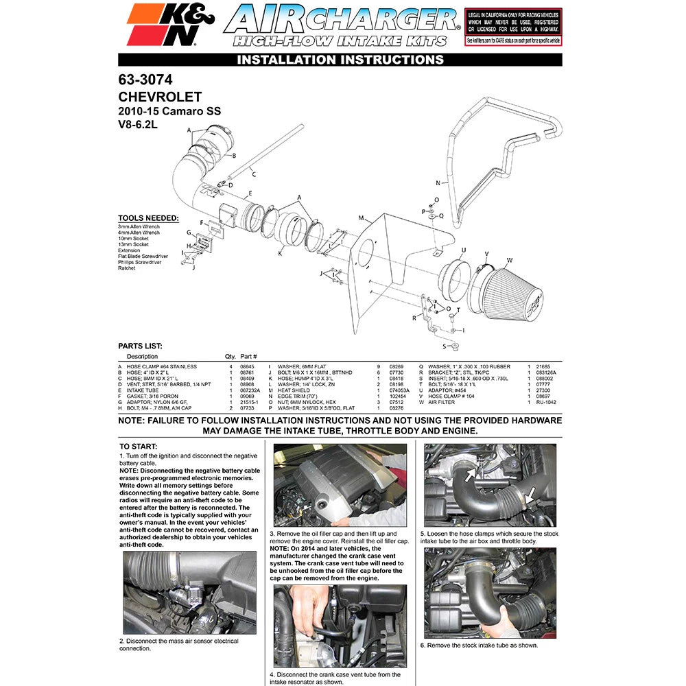 K&N Performance Intake | Chevy Camaro 6.2L V8 (10) (63-3074)