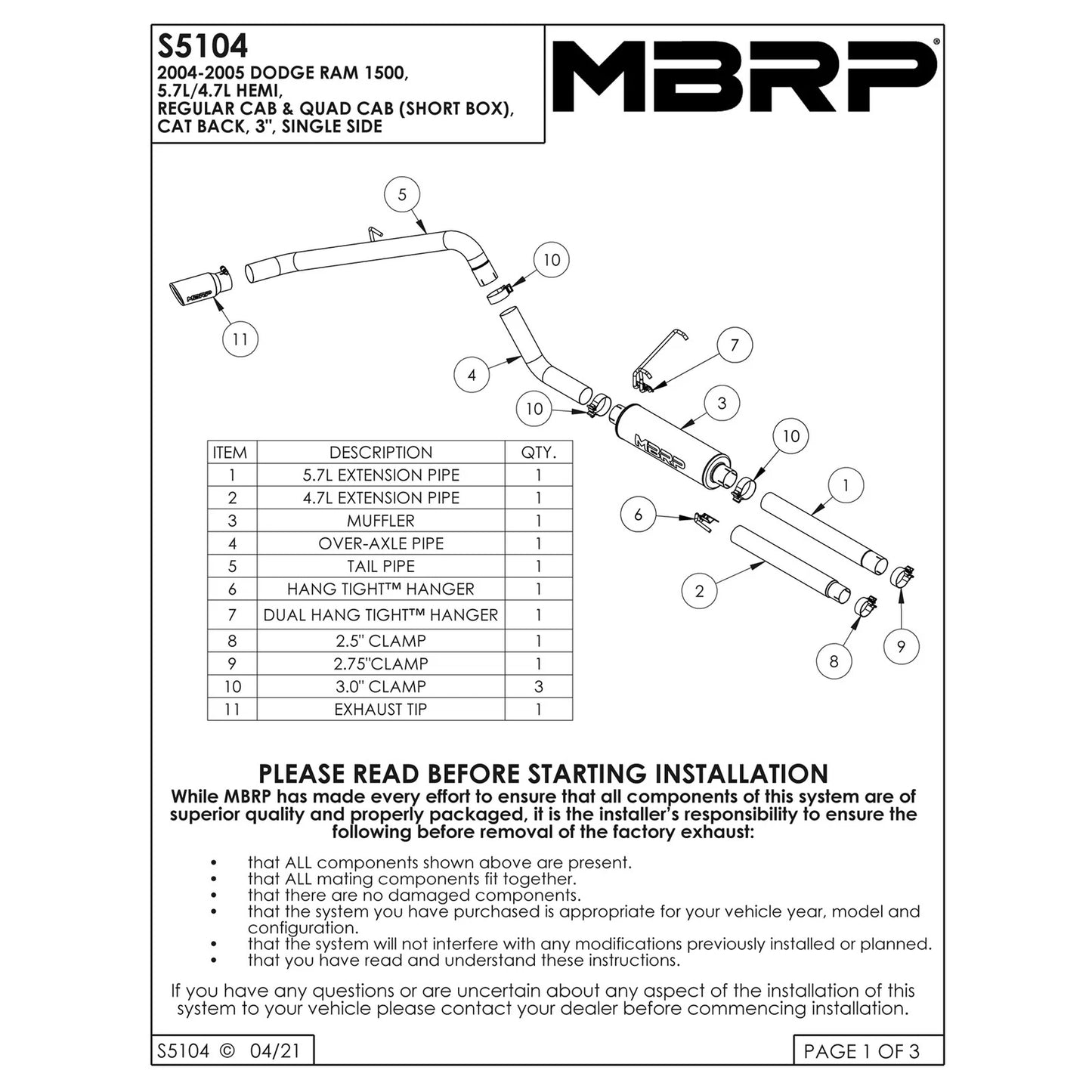 MBRP 3in. Cat-Back Single Side Exit Exhaust | Dodge Ram Hemi 1500 5.7L SC/CC-SB (04-05) (S5104409)