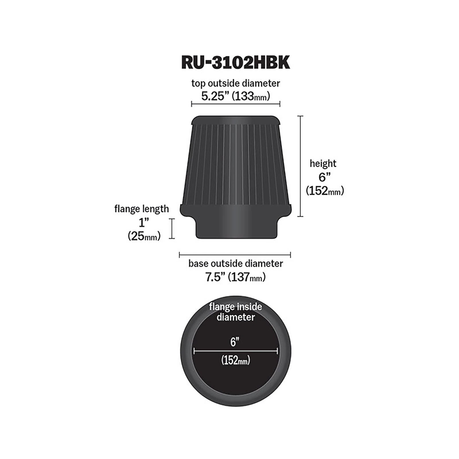 K&N RU-3102HBK Universal Round Tapered High Flow Washable Air Filter for Intake