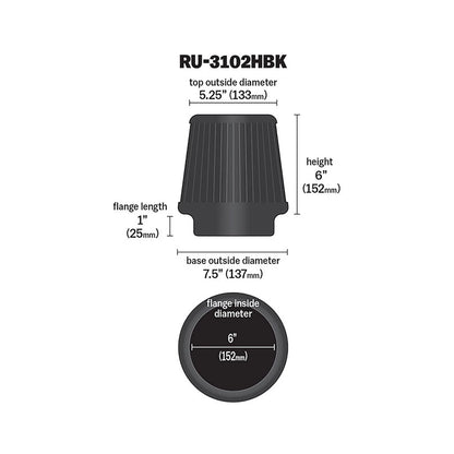 K&N RU-3102HBK Universal Round Tapered High Flow Washable Air Filter for Intake