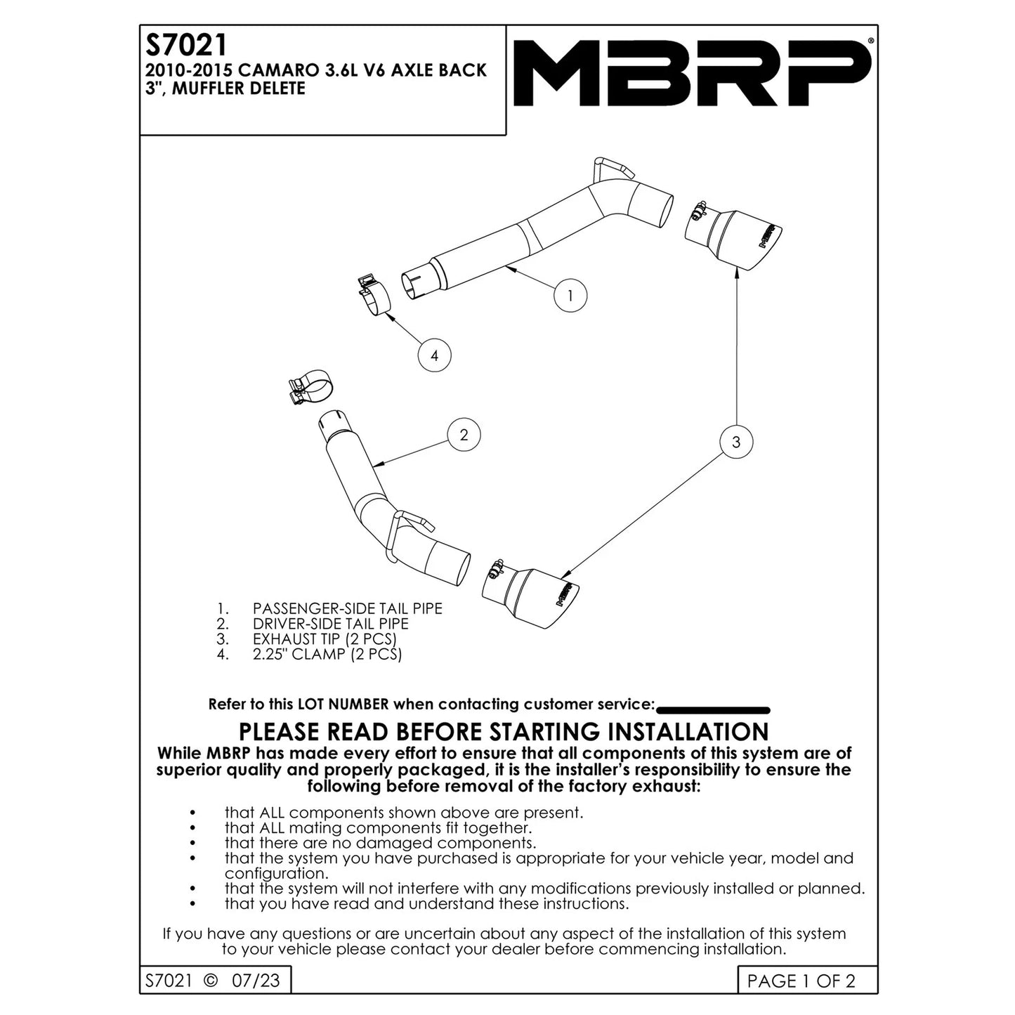 MBRP 3in Alum Dual Rear Exit Axle-Back Muffler Delete | Chevrolet Camaro V6 3.6L (10-15) (S7021AL)