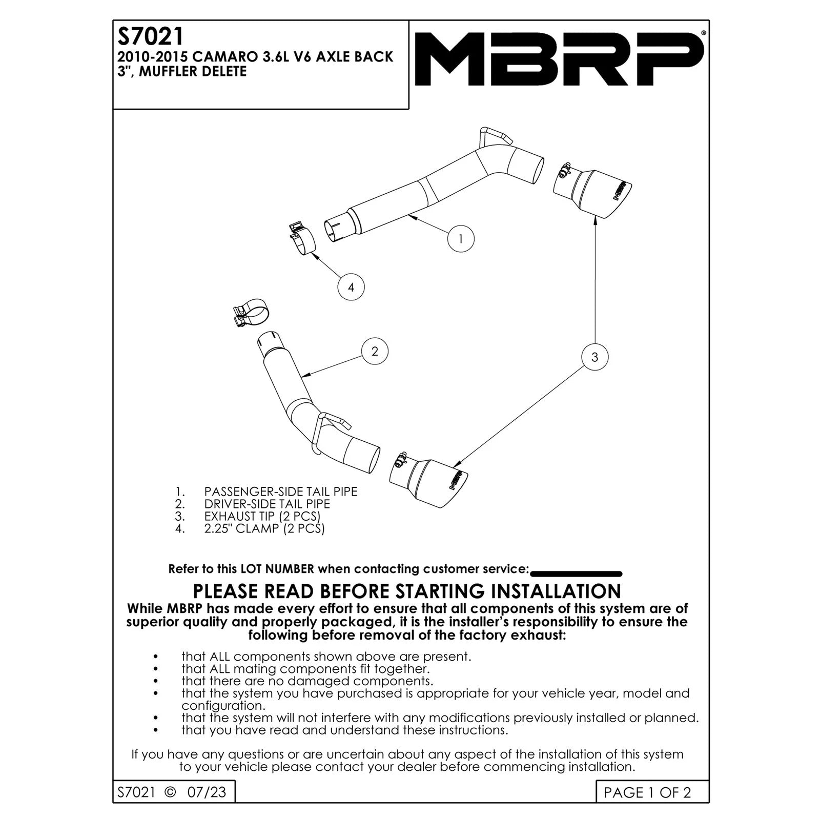 MBRP 3in Alum Dual Rear Exit Axle-Back Muffler Delete | Chevrolet Camaro V6 3.6L (10-15) (S7021AL)