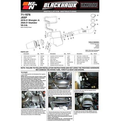 K&N 2018 Jeep Wrangler JL V6-3.6L F/I Blackhawk Performance Intake Kit | Jeep Wrangler (18+) (71-1576)
