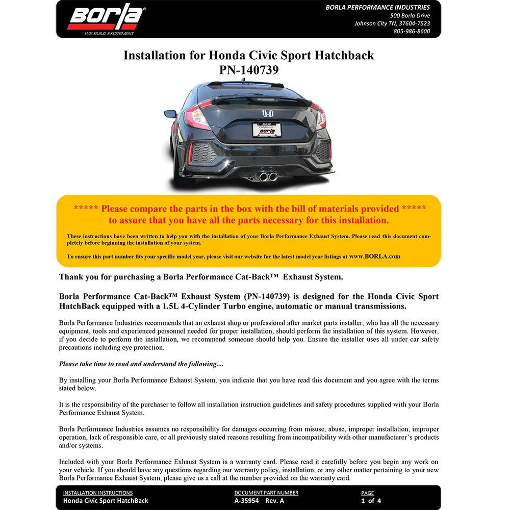 Borla S-Type Cat-Back Exhaust | 2017-2021 Honda Civic Sport Hatchback 1.5T (140739)