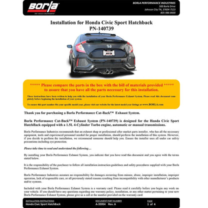 Borla S-Type Cat-Back Exhaust | 2017-2021 Honda Civic Sport Hatchback 1.5T (140739)