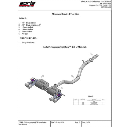Borla S-Type Cat-Back Exhaust | 2015-2017 VW Golf R Mk7 (140643)