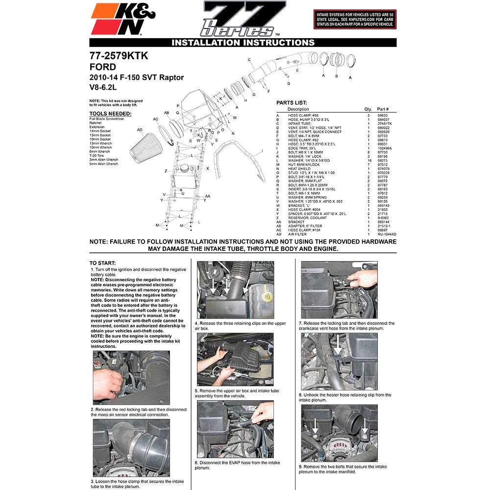 K&N 10-12 Ford F150 SVT Raptor 6.2L V8 High Flow Performance Intake Kit | Ford F150 (10-12) (77-2579KTK)
