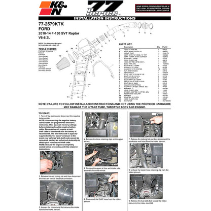 K&N 10-12 Ford F150 SVT Raptor 6.2L V8 High Flow Performance Intake Kit | Ford F150 (10-12) (77-2579KTK)