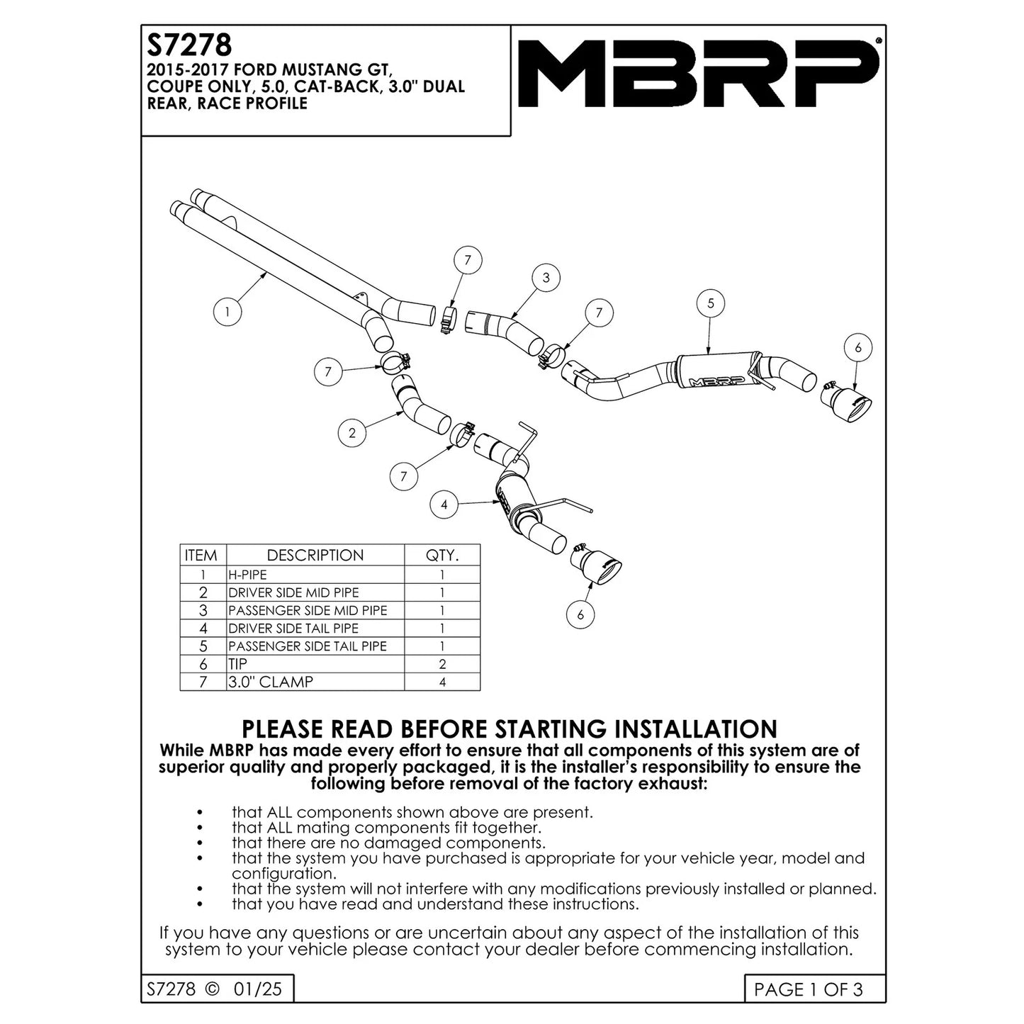 MBRP 3" Cat-Back Dual Split Rear Race Version 4.5" Tips T409 | 2015-2017 Ford Mustang GT (S7278409)