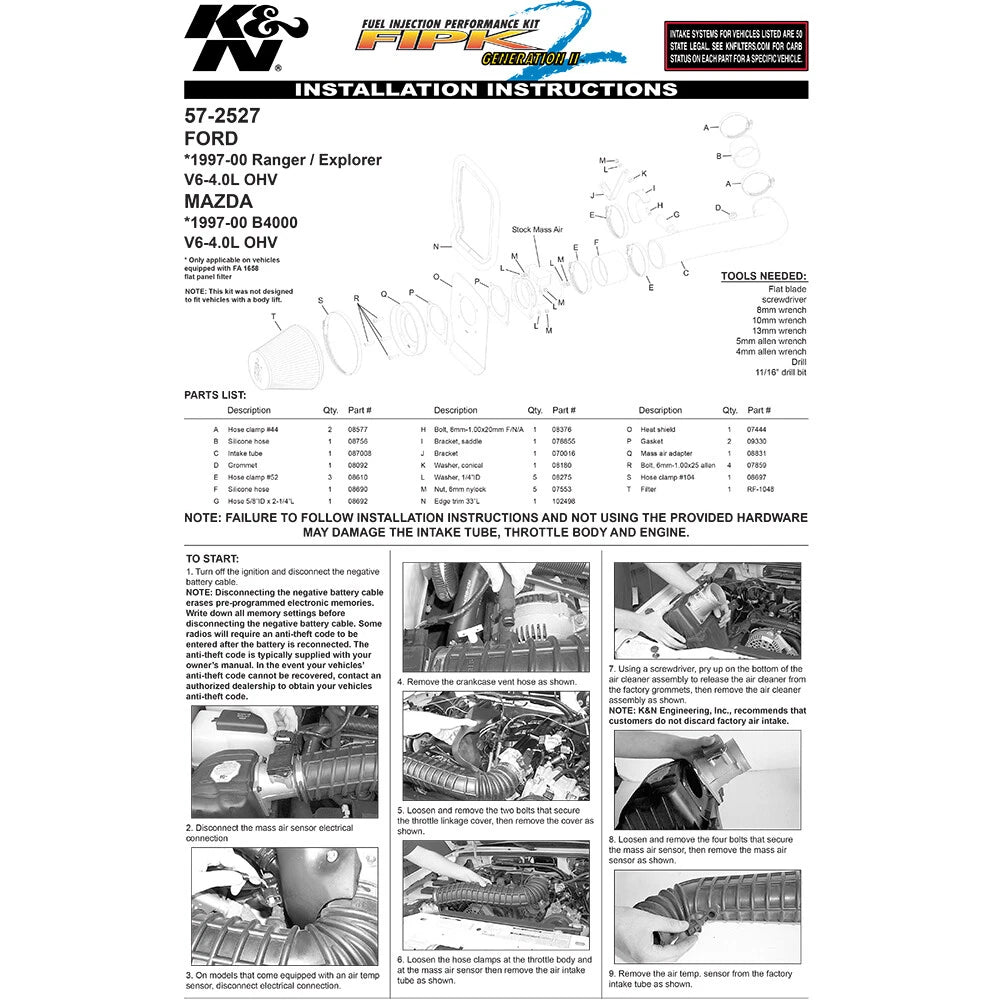K&N 97-00 Ford Ranger V6-4.0L Performance Intake Kit | Ford Ranger (97-00) (57-2527)