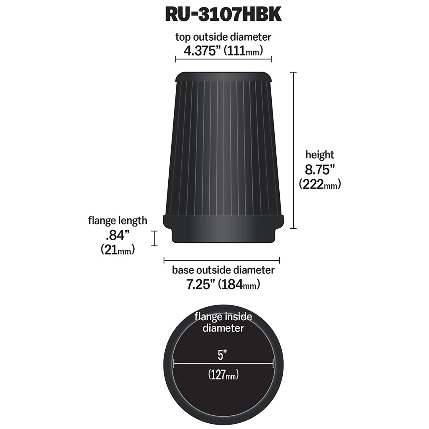 K&N RU-3107HBK Universal Round Tapered High Flow Washable Air Filter for Intake