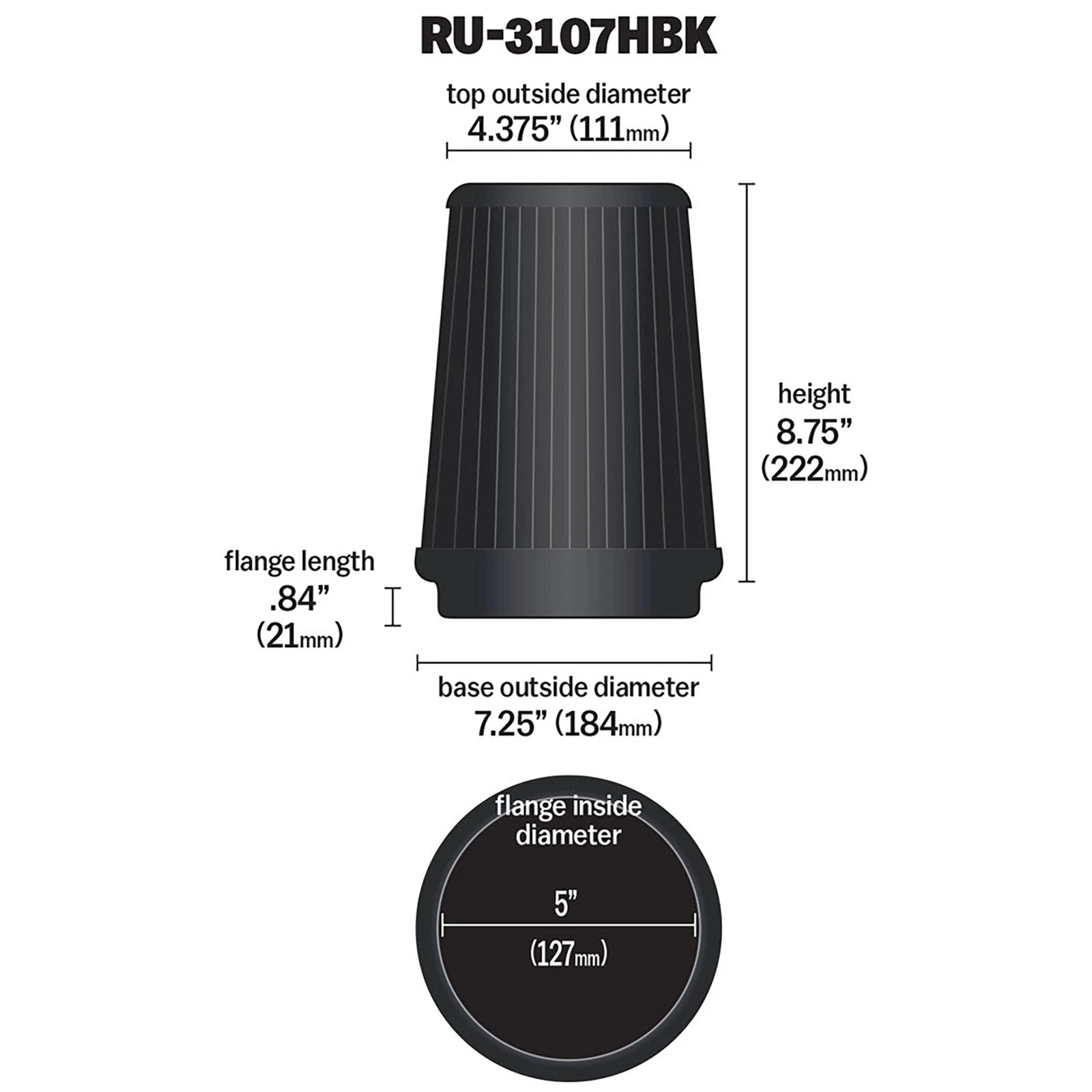 K&N RU-3107HBK Universal Round Tapered High Flow Washable Air Filter for Intake