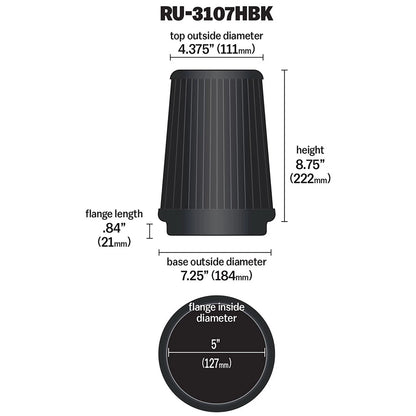 K&N RU-3107HBK Universal Round Tapered High Flow Washable Air Filter for Intake