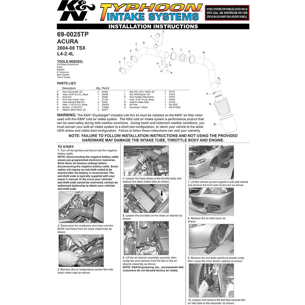 K&N Engineering Performance Intake Kit Typhoon: Acura TSX (CCA) 2004 - 2006 w/ Polish