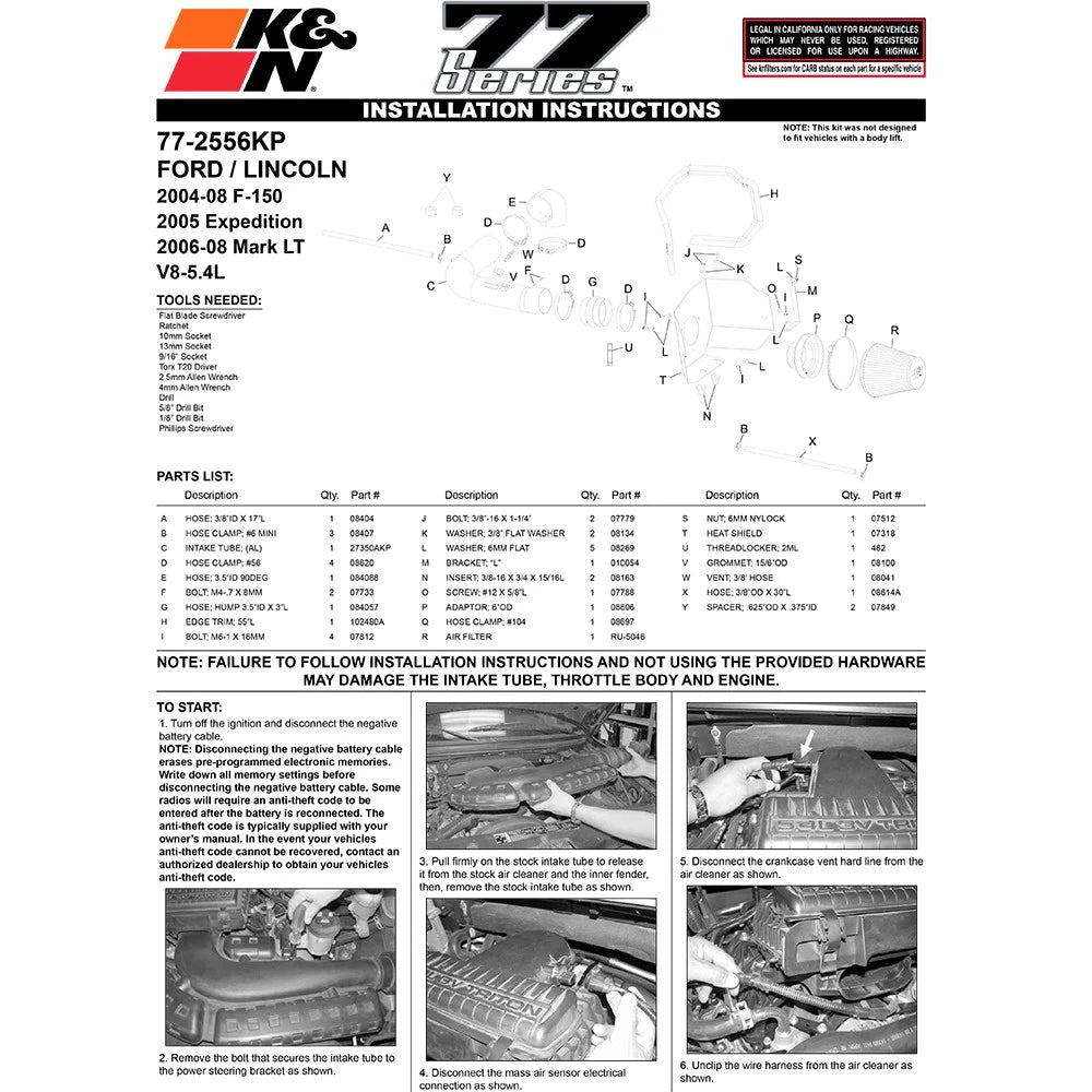 K&N 04-08 Ford F-150 V8-5.4L High Flow Performance Kit | Ford F-150 (04-08) (77-2556KP)
