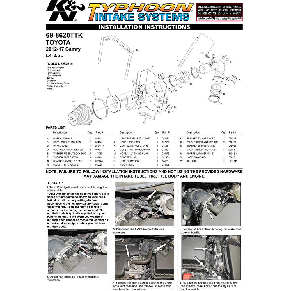 K&N 12-13 Toyota Camry 2.5L Black Typhoon Cold-Air Intake | Toyota Camry (12-13) (69-8620TTK)