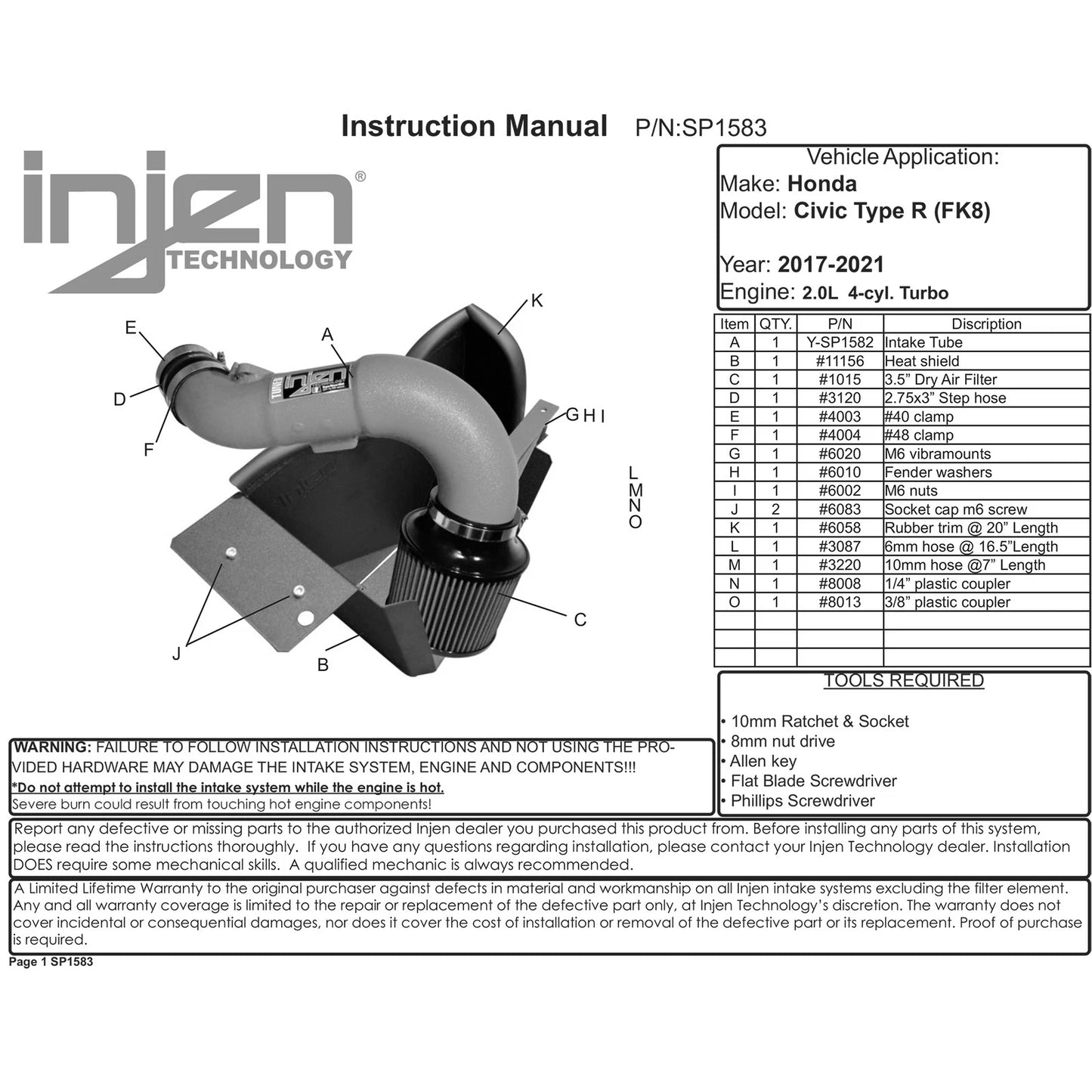 Injen 17-19 Honda Civic Type R 2.0T Wrinkle Red Short Ram Air Intake | Honda Civic Type R FK8 (16-22), Civic X (16-22), Acura RDX (18-26) (SP1583WR)