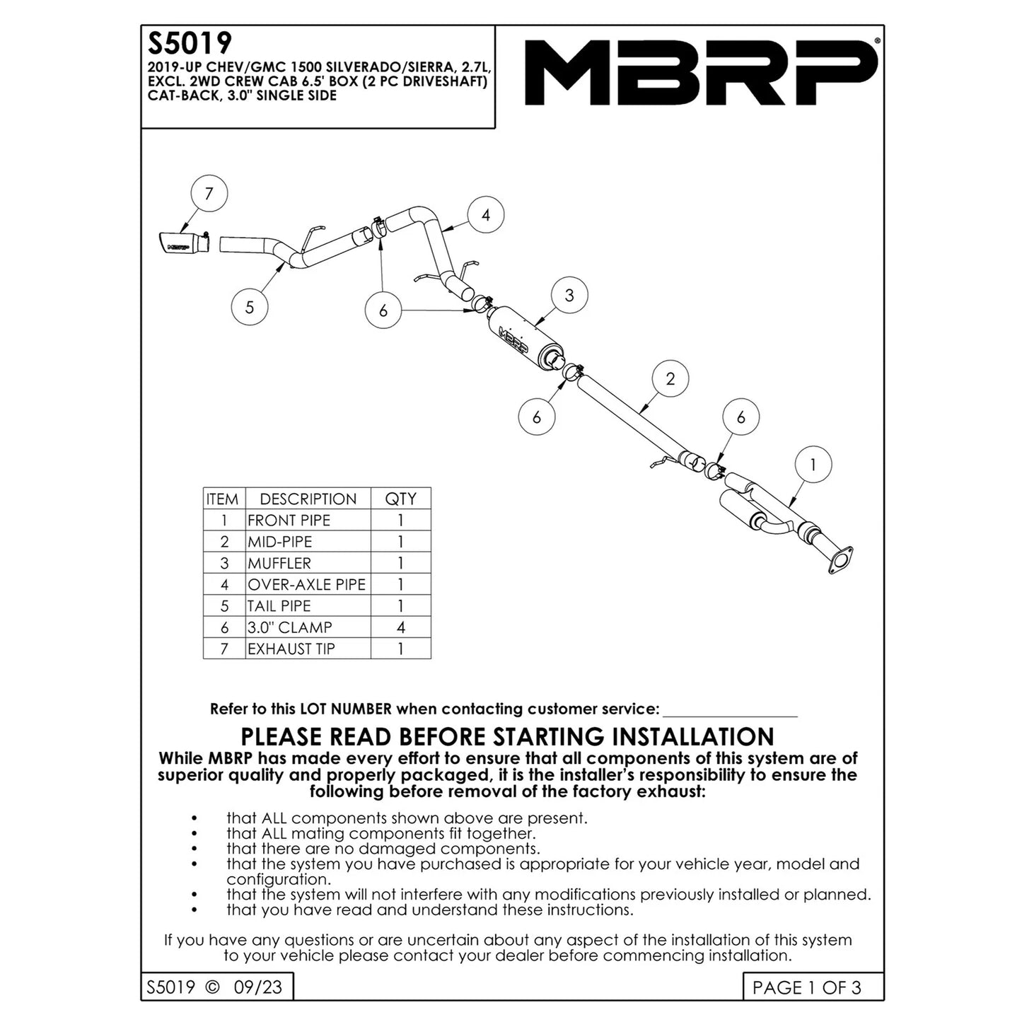 MBRP Alum. Steel 3in Cat-Back | GM 1500 Silverado/Sierra 2019-2024 (S5019AL)