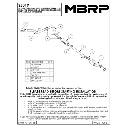 MBRP Alum. Steel 3in Cat-Back | GM 1500 Silverado/Sierra 2019-2024 (S5019AL)