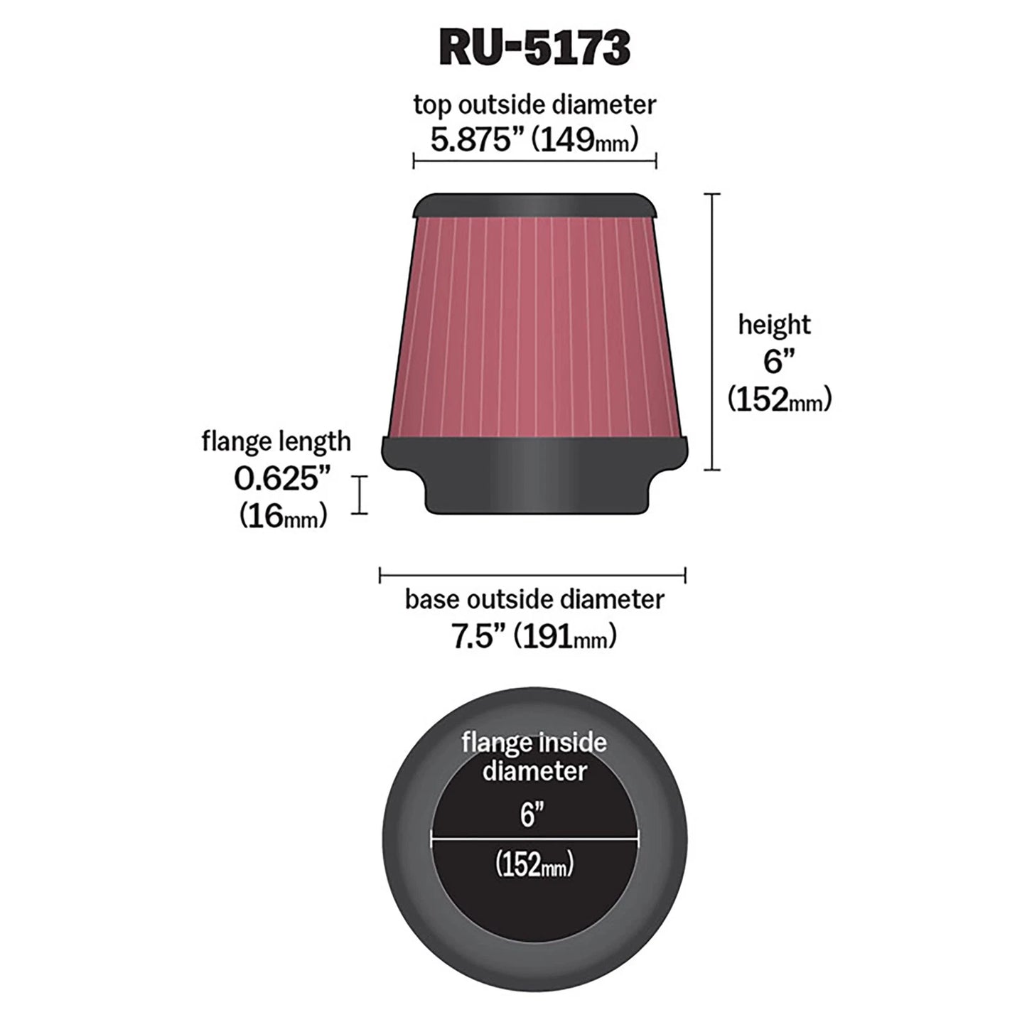 K&N RU-5173 Universal Round Tapered Performance Washable Air Filter for Intake