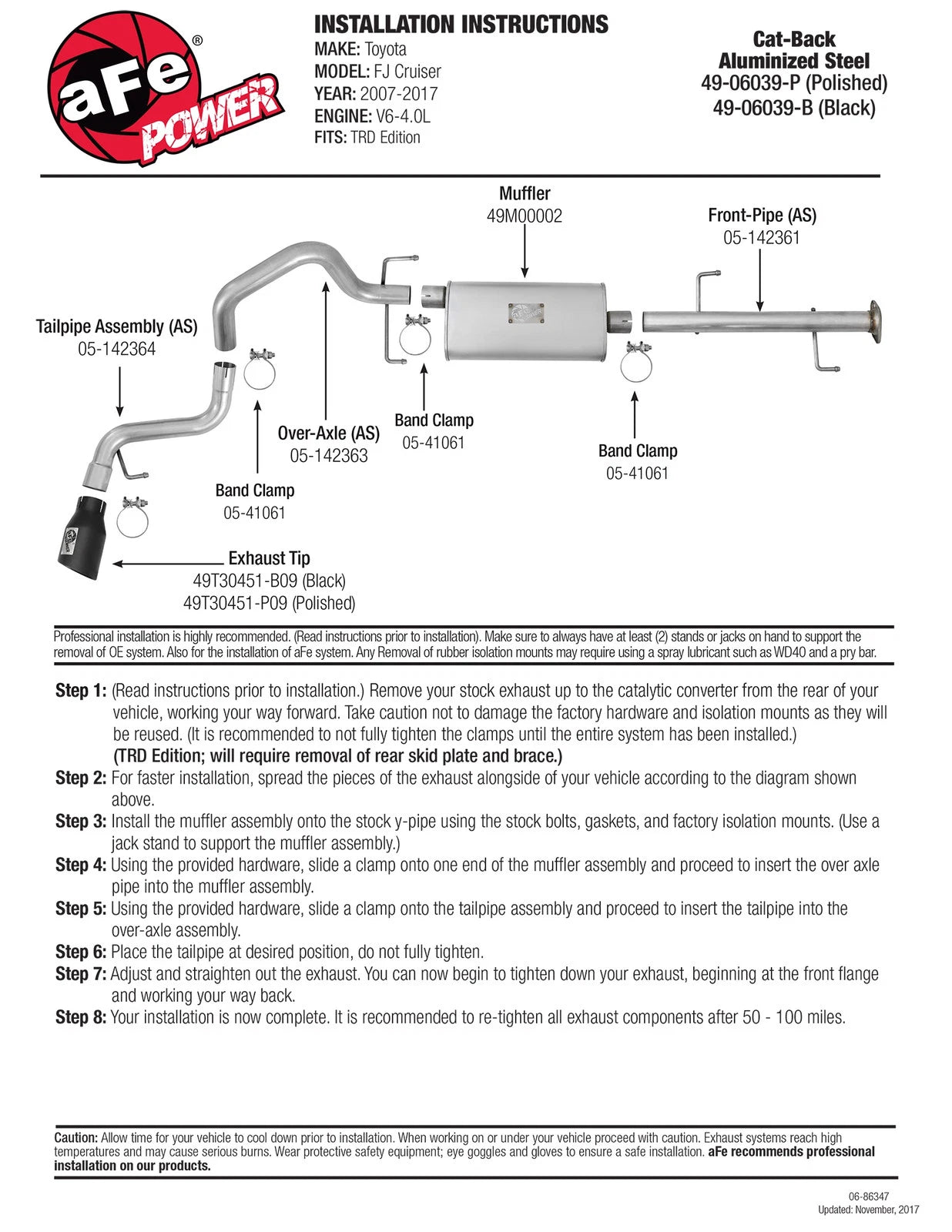 aFe 2.5in Aluminized Steel Cat-Back Exhaust w/ Black Tip Toyota FJ Cruiser (07-17) (49-06039-B)